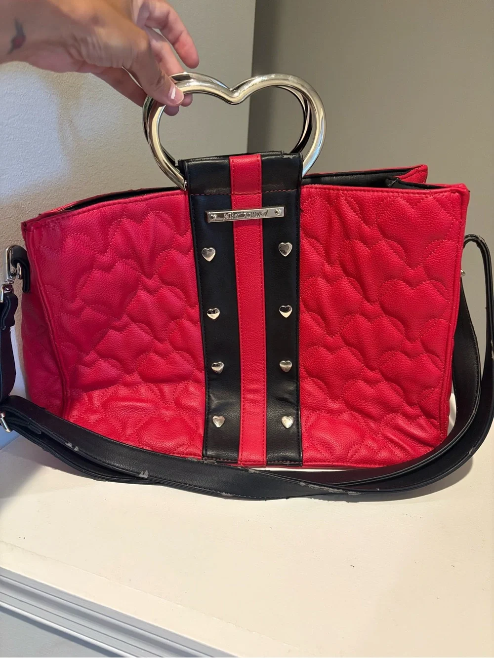 Betsey Johnson Red and Black Heart-Handle Quilted Tote